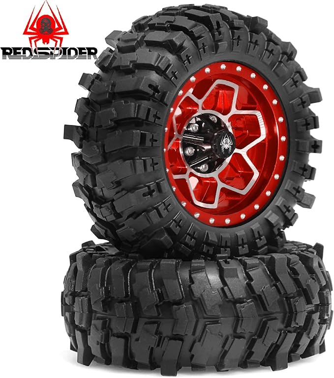REDSPIDER Metal 1.9'' Beadlock Wheels and Crawler Tires OD 88MM/3.46'' (4PCS) for 1/12 RC Crawler MJX H12Y+ MN-128 MN82S LC79 ﻿ (Red)
