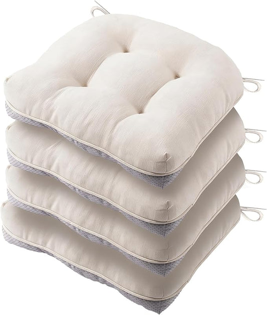 Battilo Chair Cushions Set of 4 for Dining Chairs, Seat Cushions for Kitchen Chairs with Non-Slip Backing, Indoor/Outdoor Waterproof Chair Seat Pads with Ties, 15.5"x15.5"x4", Beige
