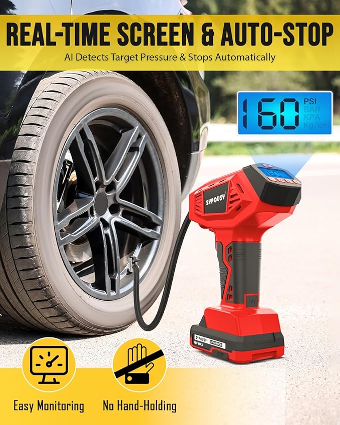 Tire Inflator Portable Air Compressor - 4X Faster Inflation, 160PSI Cordless Tire Pump with Dual Power (20V Battery & 12V DC), Auto Shut Off, Digital Gauge for Car, Motorcycle, E-Bike