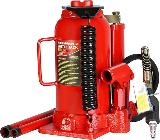 20 Ton Air Hydraulic Bottle Jack with Air-Powered or Manual Operation, One-Piece Hydraulic Cylinder Design, Air Bottle Jack with Carry Handle for Pickup Trucks, Commercial Vehicles, and Farm Equipment