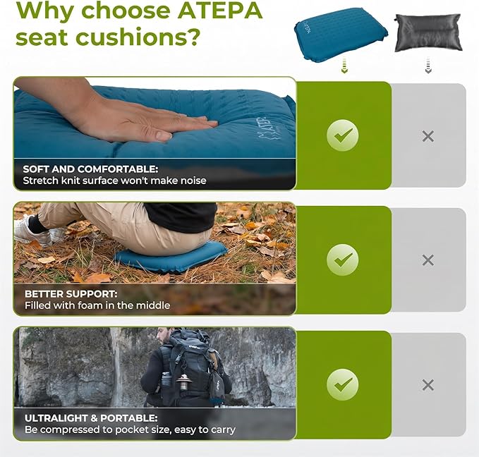 ATEPA Inflatable Seat Cushion, Compact Self-Inflating Seat Cushion for Stadium Airplane Air Travel Bleacher Camping, Blow Up Foam Seat Pad for Outdoor Sports Events Backpacking Hiking Sitting
