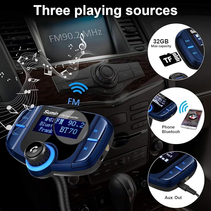 Sumind 2026 Upgraded Wireless Bluetooth Car Adapter FM Transmitter, 1.7'' LCD Display, Flexible Gooseneck, 20W QC3.0&Dual USB Ports, AUX Input/Output for Hands-Free Call, Micro/TF Card(Blue,PD)