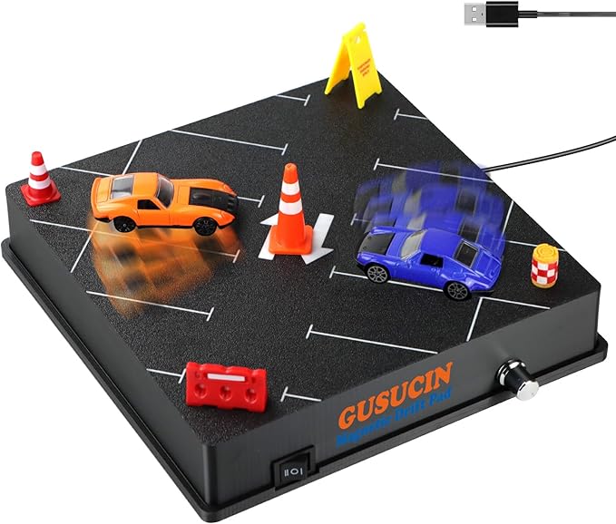 Magnetic Drift Pad for Hot Wheels Cars 1:64 – Spinning Drift Track with Adjustable Speed & Direction, USB Powered Drift Pad with 5 Decorations, Display Stand for1:64 Scale Diecast Cars (Parking Lot)