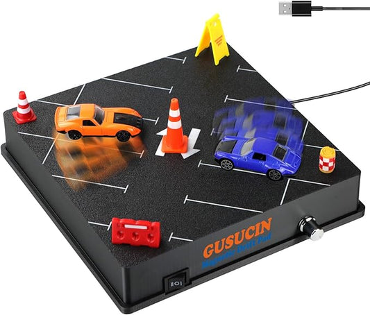 Magnetic Drift Pad for Hot Wheels Cars 1:64 – Spinning Drift Track with Adjustable Speed & Direction, USB Powered Drift Pad with 5 Decorations, Display Stand for1:64 Scale Diecast Cars (Parking Lot)