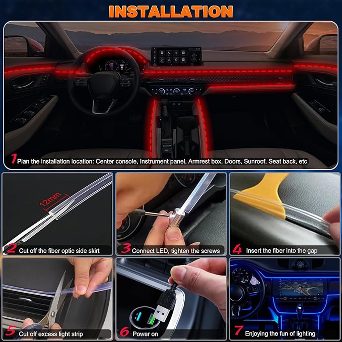 Jushope Car LED Strip Lights, USB Interior Ambient Lighting Kits with Wireless APP and RF Remote Control, 16 Million Colors Music Mode Car Decoration Lights with 315 inches 3.0mm Fiber Optic (6 in 1)