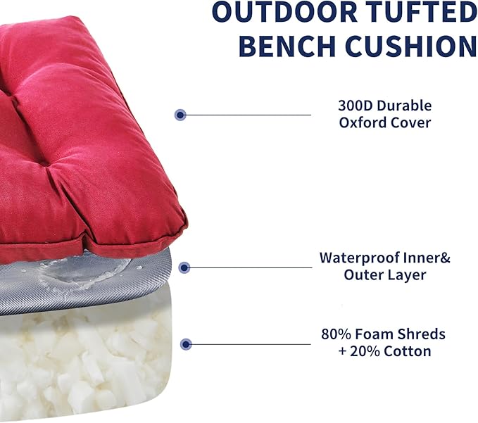IPYNBAP Outdoor Bench Cushion, 59x18x5 Inch, Waterproof Bench Cushion for Outdoor/Indoor Furniture, Tufted Patio Bench Seat Cushion, Fade Resistant Outdoor Cushions for Porch Swing Couch, Burgundy