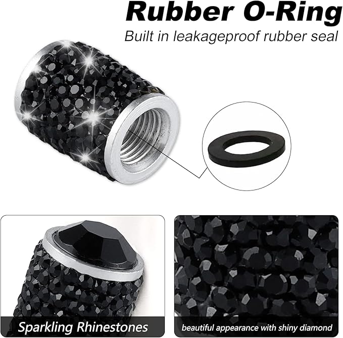 Alpmosn Car Wheel Tire Valve Caps, 4 PCS Bling Tire Valve Caps, Crystal Tire Caps Shinny Rhinestone for Women, Universal Car Dustproof Tire Valve Caps for Cars, Trucks, SUV and Motorcycles (Black)