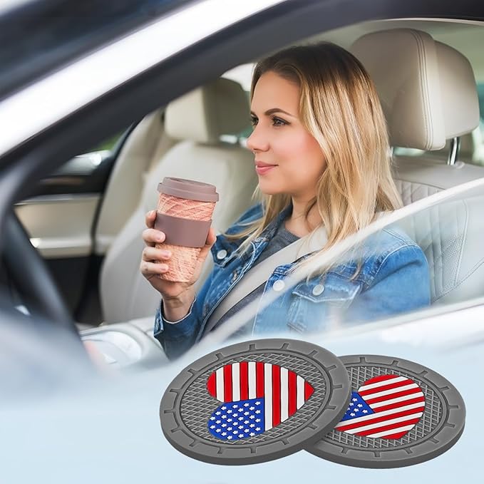 AUCELI 4 Pack Car Cup Holder Coasters, Colored American Flag US Flag Insert Car Cup Coaster, 2.75 Inch Anti Slip Shockproof Embedded Drink Mat, Vehicle Interior Decor Accessories