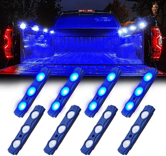 Xprite Blue LED Truck Bed Light Kits Rock Lights with On/Off Switch, for Pickup Footwells, Running Boards, Cargo, Under Car, Tonneau Cover, Rail Lighting - 8 PCs