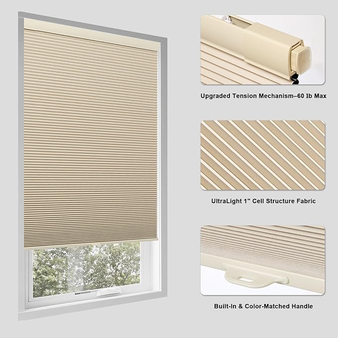 Tonature No Drill Cellular Shades for Indoor Windows, Thermal Insulating & Noise Reducing Honeycomb Blinds, Free Stop Cordless Blackout Shades, Beige,32 1/2" W x 80" H