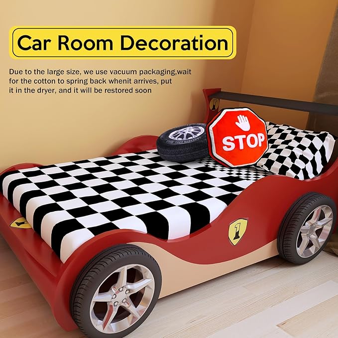 Woanger 2 Pcs Race Car Room Decor Racing Plush Throw Pillow Set Gift 15.7 Inch Soft 3D Simulation Wheel Pillow Funny Tire Cone Traffic Light and Stop for Valentines Bedroom Decorations(Stop Sign)