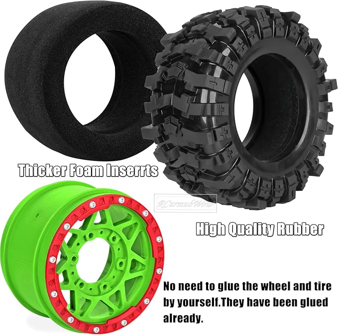 1/10 Scale RC Truck Tires,Wheels and Tires w/12/14/17MM Hex for Rustler Stampede Hoss,Arrm a Granite Vorteks Big Rock 3S,1/10 Off Road Tires Rubber Truck Tyres w/Foam Insert,Green w/Red