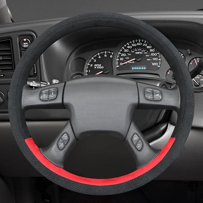 MEWANT Hand Stitched Steering Wheel Cover for Chevy Silverado 1500 2003-2006 Black Red Athsuede Steering Wheel Wrap