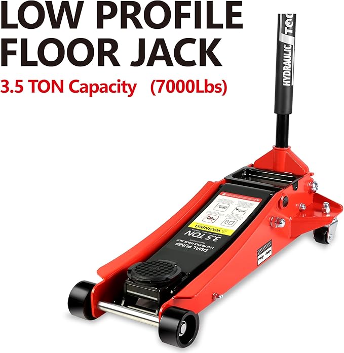 Henf 3.5 Ton Low Profile Trolley Floor Jack,Professional Steel Racing Jack with Dual Pistons Quick Lift Pump,Red Heavy Duty Hydraulic Lifting Range 4''-21'',3.5 (7,000 lb) Capacity