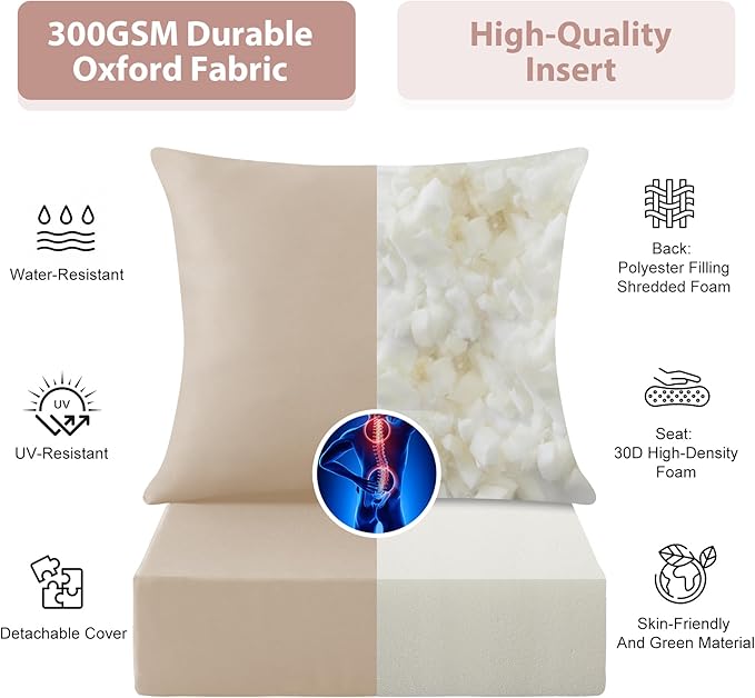 Outdoor Deep Seat Cushion Set, 24x24 Inch Water-Resistant & Fade-Resistant Outdoor Chair Cushions, Patio Furniture Cushions with Removable Cover for Patio Chair, Sofa, Beige (Set of 2)