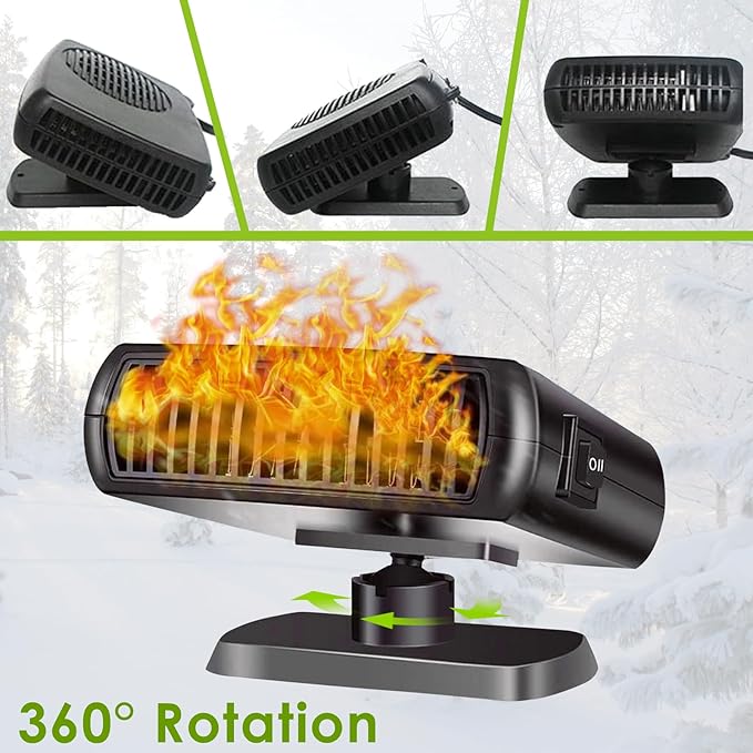 Car Heater, 12V 200W Portable Car Demister Windshield Defogger and Defroster Fast Heating&Cooling Fans with Cigarette Lighter Plug/Ergonomic Handheld/360° Rotary Base for Cars, SUV, Jeeps, Trucks, MPV