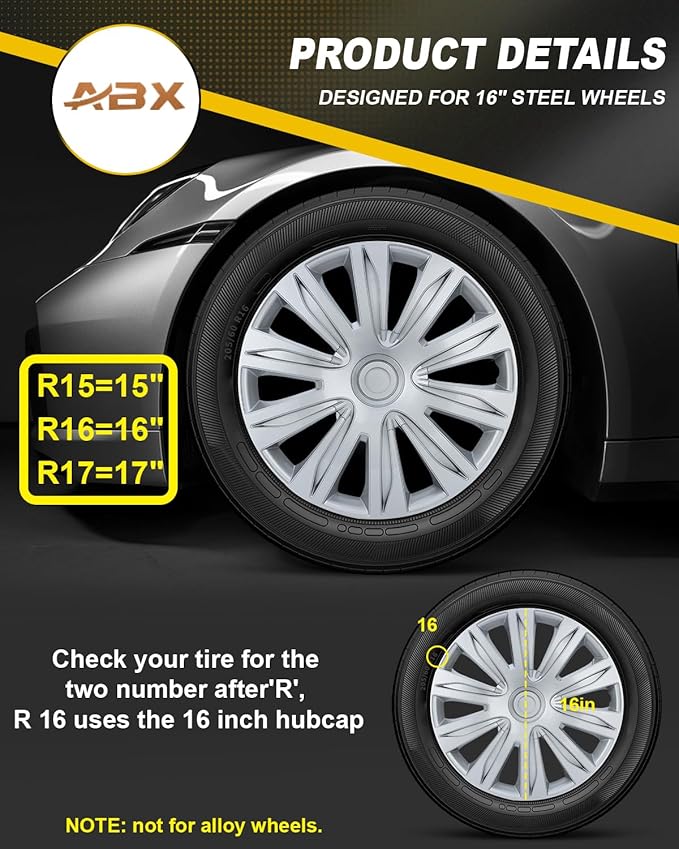 ABX Hubcap Wheel Covers Hub Caps 16 Inch Set of 4 Black & Silver Universal Wheel Rim Cover R16 Stylish Car Decor Wheel Covers for Toyota Camry Nissan Mazda (silver-03, 16 inch)