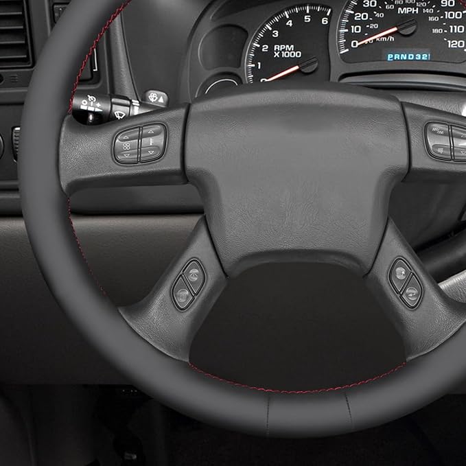 MEWANT Hand Stitched Steering Wheel Cover for Chevy Silverado 1500 2003-2006 Black Smooth Real Leather Steering Wrap