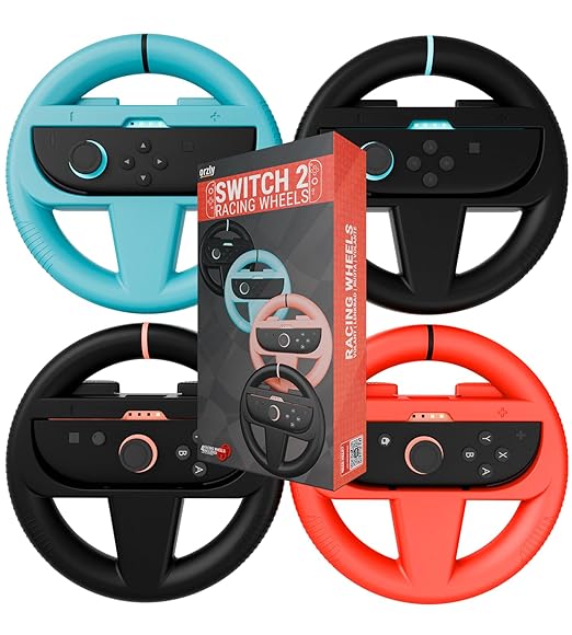 Orzly Racing Steering Wheels Compatible with Switch 2 (2025 Console) – Party [Pack of 4] Joy-Con Controller Attachments for MarioRacing Games (2 Black, 1 Blue, 1 Red) Gift Boxed