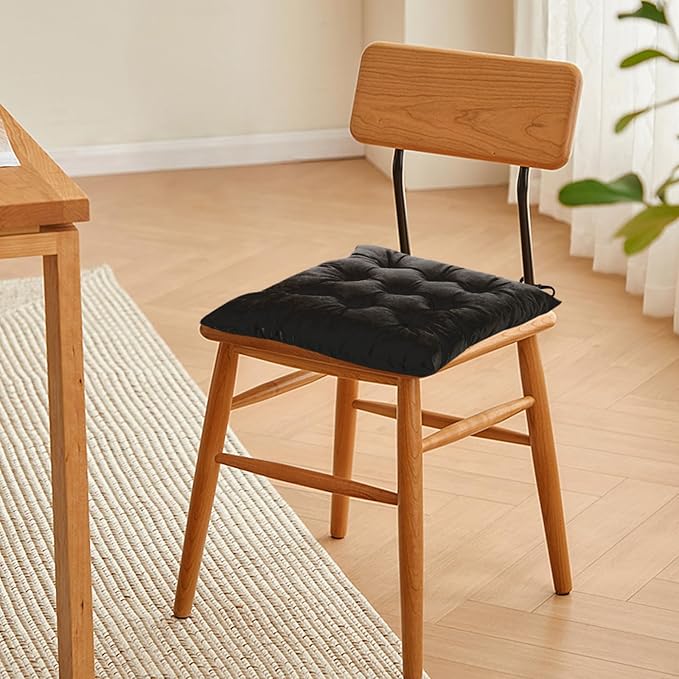 6 Pack Square Seat Cushion Chair Pads for Kitchen Dining Chairs, Soft Comfort Velvet Chair Mat Pillow Cushions with Ties for Office Desk Living Room Tatami 15.5", Black