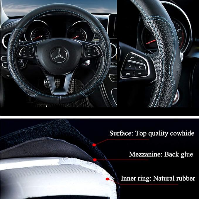 Red Rain Black and Blue Leather Steering Wheel Cover Cowhide Car Steering Wheel Cover Universal Size M / 15inch Fit Car/Auto/SUV (A-Black+Blue-M)