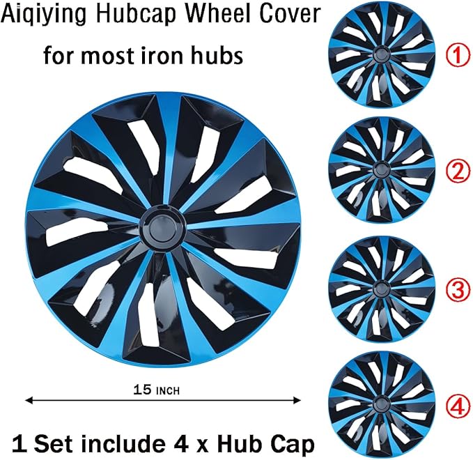 Hubcap Wheel Cover Replacement R15 Hub Caps Universal-Fit Steel Wheel Rim Cover ABS Material Exterior Accessories for Car Truck SUV Van -Set of 4（15-inch，Blue-Black）