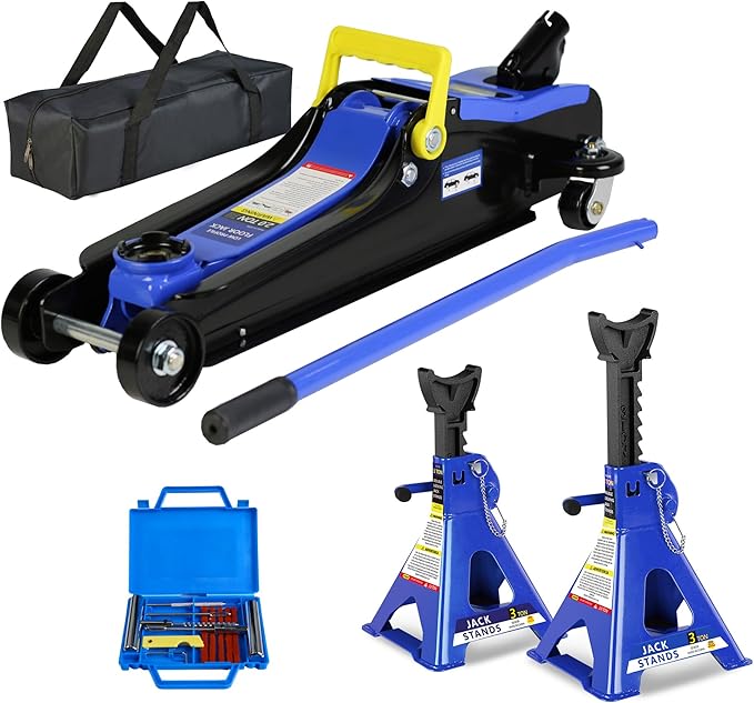 4 Piece Car Truck Floor Jack Service with Jack Stands Tire Repair Kit for Garages, Automotive,Repair Shops and DIY, Portable, 2 Ton 4,000 lbs, Lifting Range 3.3" - 15.2", Heavy Duty Steel, Blue