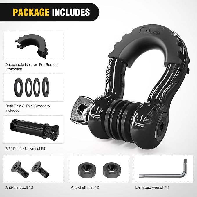 Nilight 3/4 inch D Ring Shackle 2 Pack 19T (41,887 lbs) Break Strength 4.75T WLL Heavy Duty Towing Hook with Anti-Theft System Anti-Rattle Isolators for Truck Jeep SUV ATV UTV Recovery Black