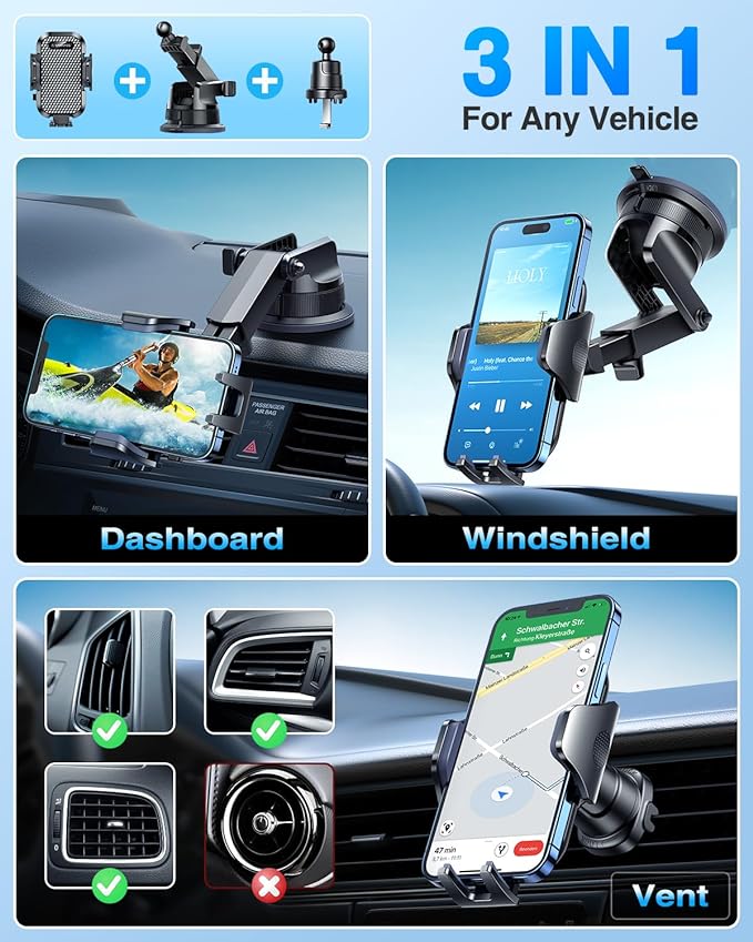 [True Military-Grade] Car Phone Holder VANMASS [Upgraded Strongest Suction&Clip] Cell Phone Mount for Dashboard Windshield Vent Wall,Truck Cradle Stand for iPhone 17 Pro Max 16 15 14 Android,Ink Black