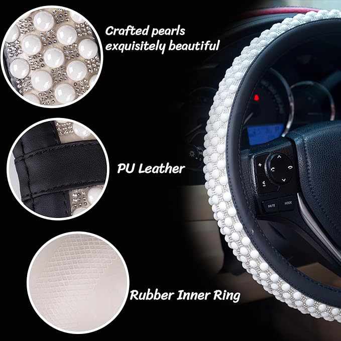 Leather Bling Steering Wheel Cover Women Rhinestone White Soft Comfortable Glitter Sparkly Universal 15 inch Steering Wheel Cover Non-Slip Car Accessories