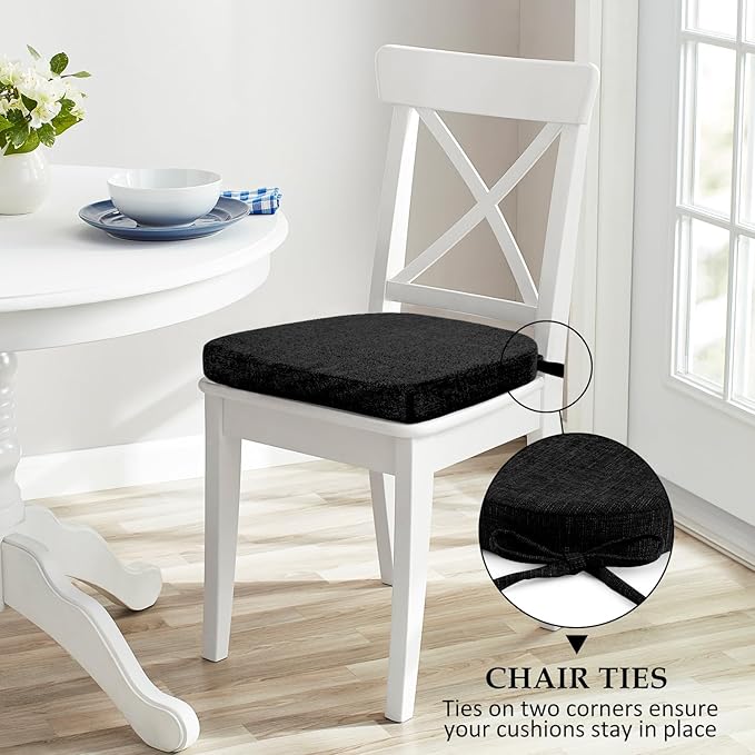 Wellsin Chair Cushions for Dining Chairs 4 Pack - Kitchen Chair Cushions with Ties and Non-Slip Backing - Dining Chair Pads 16"X16"X2", Black