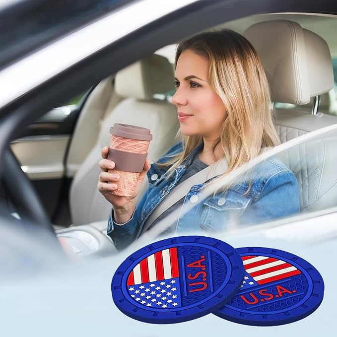 AUCELI 4 Pack Car Cup Holder Coasters, Colored American Flag US Flag Insert Car Cup Coaster, 2.75 Inch Anti Slip Shockproof Embedded Drink Mat, Vehicle Interior Decor Accessories