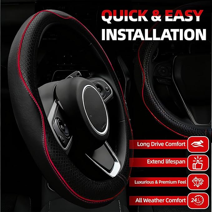 NBTEPEM 6 PCS Car Steering Wheel Cover Set, Microfiber Leather Steering Wheel Covers Universal 14.5-15 inch, Center Console Cover, Seat Belt Cushion, Cup Holder Coaster, Car Accessories Set Red