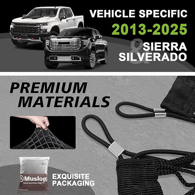 Muslogy Truck Bed Cargo Net Trunk Netting Compatible with 2013-2026 Chevy Silverado & GMC Sierra 1500/2500HD/3500HD Accessories, Pickup Cargo Organizer SUV Sedan Storage Net w/Heavy Duty Carabiners