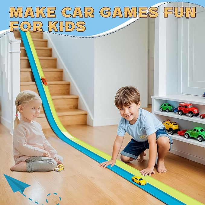 Flex Tracks 15 Ft for Kids Starter Set, Flexible Race Car Ramp Track with Suction Cups Compatible with Diecast 1/64th Cars for Ages 3 & Up (Green & Blue)