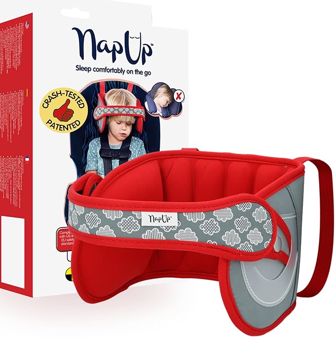NapUp Adjustable Head Support for Car Seat – Patented & Crash-Tested Anti-Bobbing Head Holder Strap, Comfortable Sleep Solution - Breathable Fabric, Kids Travel Accessories - Ages 2+ - Red
