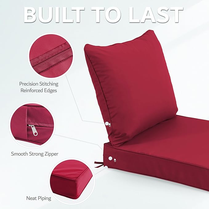 24x24 Inch Outdoor Chair Cushions Set of 2, Patio Furniture Cushions - Removable Cover, Water-Repellent, Fade-Resistant, Non-Slip Bottom & Straps, Replacement for Deep Seat Sofa & Couch - Burgundy