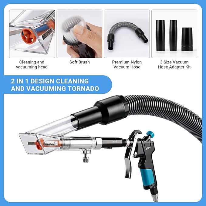 Car Interior Cleaning Gun with 2-in-1 Air Blower Attachments, Detailing Brush and Swivel Connector – for Car Seats, Carpets, Dashboards, Floor Mats, Air Vents, Pet Hair Removal and Rapid Drying