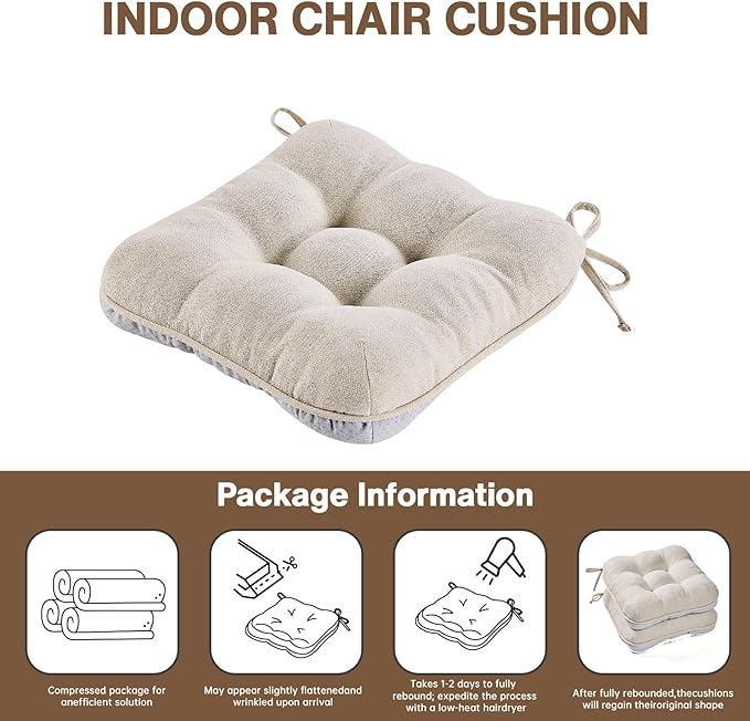 BETU Chair Cushions for Dining Chairs Set of 6,3.5" Thick Kitchen Table Chair Pads with Ties,Non Slip Backing and Covers, Seat Cushion for Dining Room,Bar,Patio Chairs,15.5"X15.5"X3.5",Beige