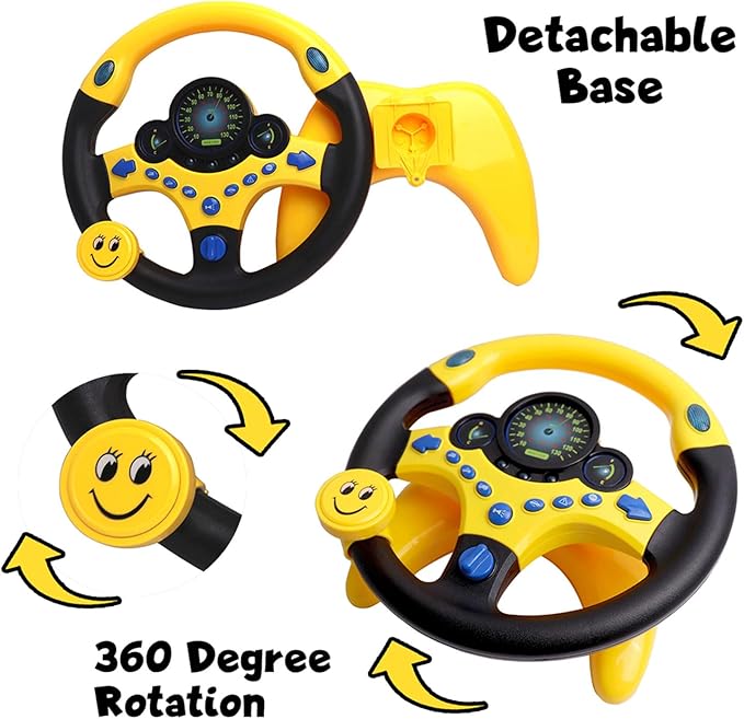 Kids Driving Toy Set with Interactive Steering Wheel and Traffic Light-Simulate Driving Car Steering Wheel Toy for Kids with Dashboard Display,Yellow and Black