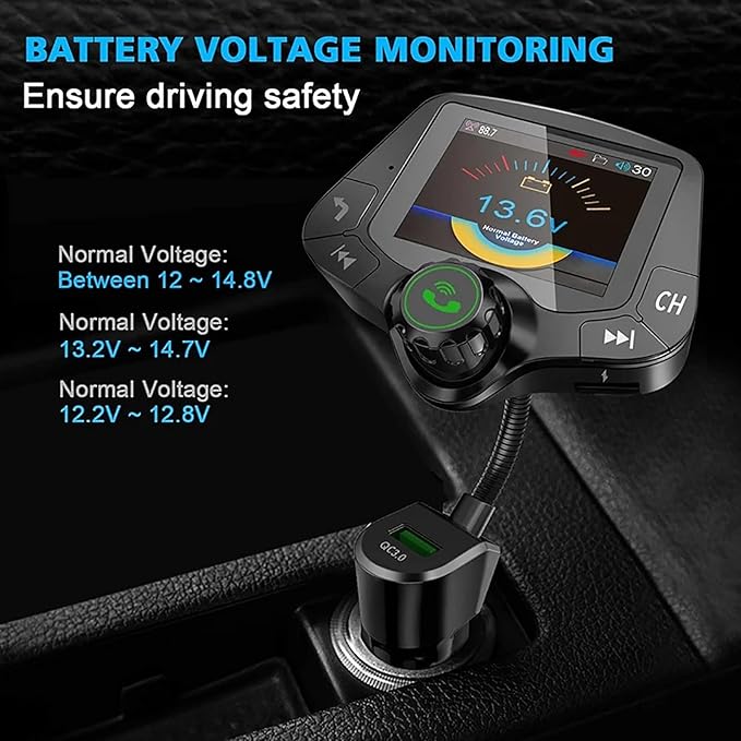 Wireless in-Car Bluetooth FM Transmitter Radio Adapter Car Kit, BT 5.0 & QC3.0 FM Transmitter for Car with 2 Inch Full Color Screen Display, 2 USB Ports, Hi-Fi Music