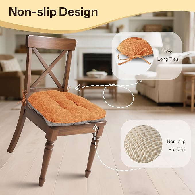 Non Slip Chair Cushions for Dining Chairs Set of 4 Kitchen Chair Cushions 18"x18"x3" Turfted Chair Pads Comfortable and Soft Seat Cushion with Ties, Orange