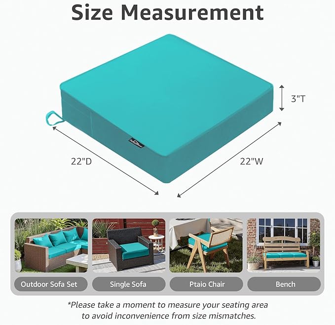 PatioGlow Outdoor Chair Cushions 22 x 22 x 3 Inch, Waterproof & Fade Resistant Patio Seat Cushion for Furniture with Handle and Ties, Thick Seating Pads for Outside Sofa Couch Set of 2, Teal