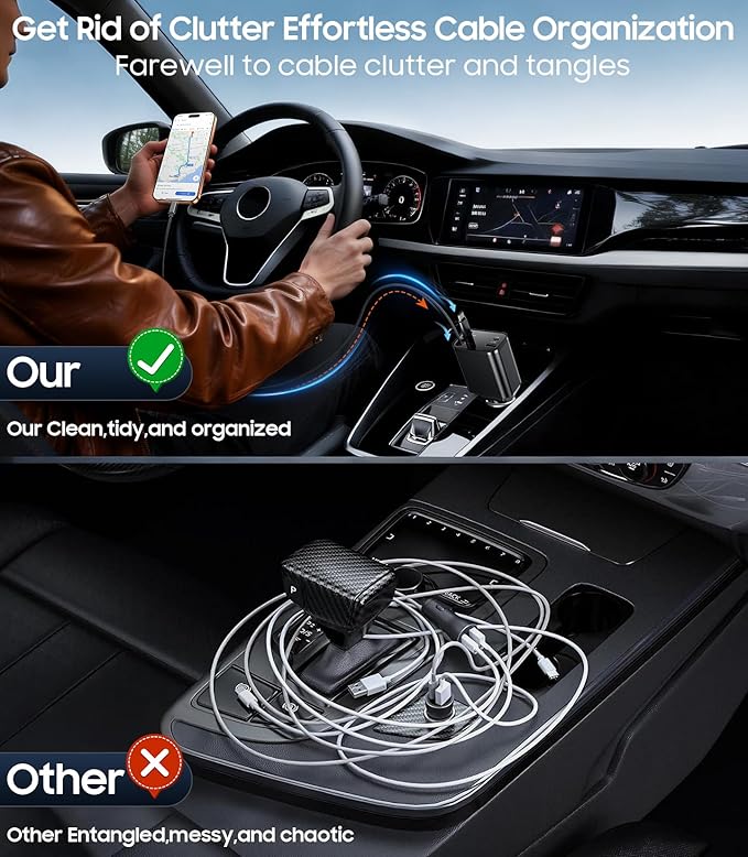 Retractable Car Charger, 4 in 1 Fast Charger USB C Car Truck Accessories, Travel Essentials Gifts for Women Men, Car Accessories for iPhone 17 Pro Max Air 16 15 14 13 Plus,Galaxy,Pixel-Black