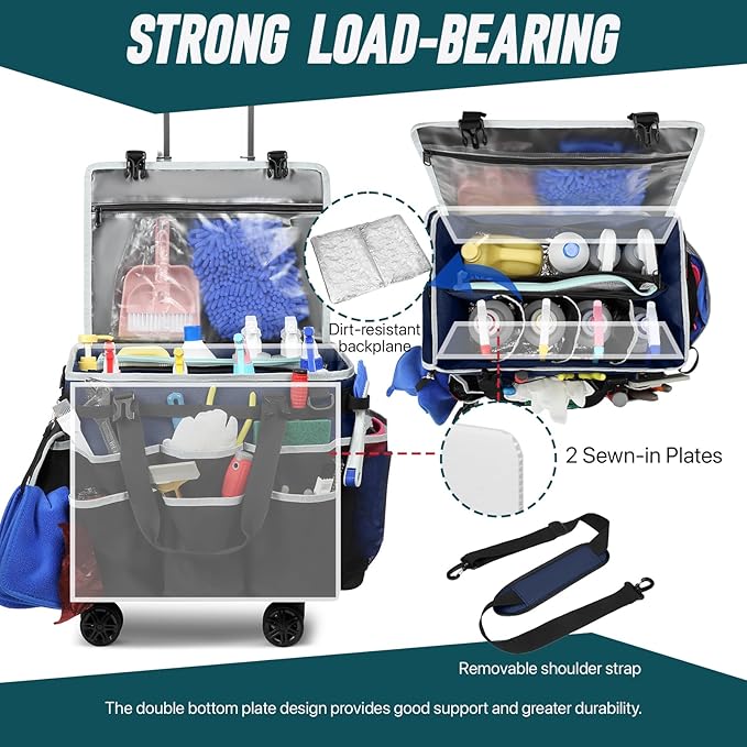 Large Rolling Cleaning Caddy Bag with Detachable Trolley, Full Support Plates for Professional Cleaning Supplies Bag, Organizer Bag with 4 Universal Wheels for Housekeepers, Car Wash (Blue)
