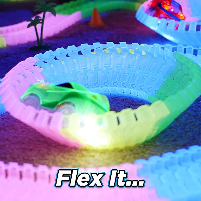 Ontel Magic Tracks 10 Foot Glow In The Dark Bendable Flexible Racetrack with LED Light-Up Race Car, Educational Playset Birthday Gift for Ages 3+