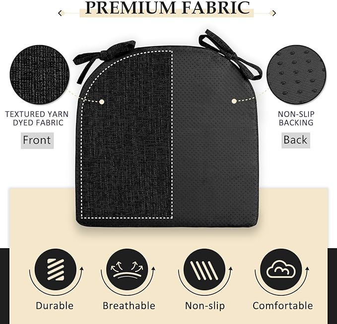 Wellsin Chair Cushions for Dining Chairs 6 Pack - Kitchen Chair Cushions with Ties and Non-Slip Backing - Dining Chair Pads 16"X16"X2", Black