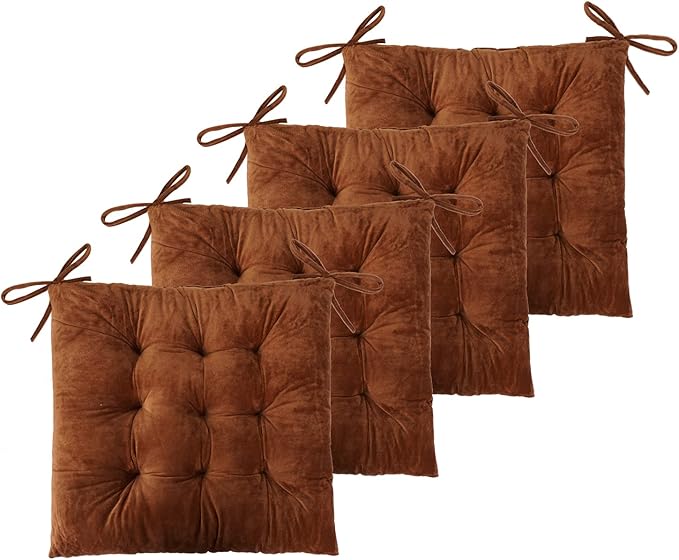 ELFJOY Set of 4 Square Chair Pads Indoor Seat Cushions Pillows with Ties Thick Soft Seat Cushion for Kitchen Dining Office Chair (18", Coffee)
