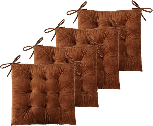 ELFJOY Set of 4 Square Chair Pads Indoor Seat Cushions Pillows with Ties Thick Soft Seat Cushion for Kitchen Dining Office Chair (18", Coffee)