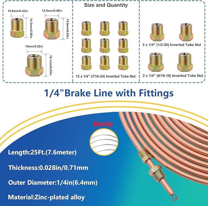 smseace 26Pack 1/4 Inch Brake line kit Includes 25FT Copper-Plated Brake Lines with Fittings(16pcs Fittings,2pcs Union+4pcs Nut)，Brake line Bender，Single Flaring Tool，Pipe Cutter 1/4 Inch Brake Lines